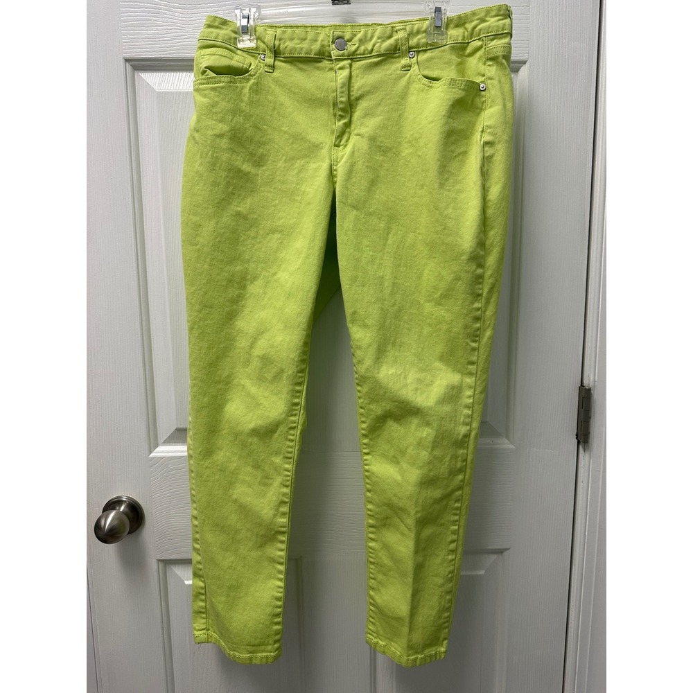 Crown & Ivy Lime Green Slim Straight Leg Pants Womens 12 Stretch Neon Chartreuse